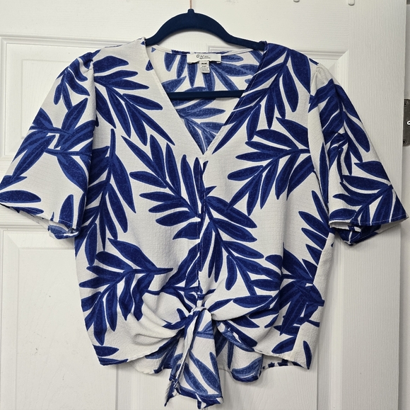 C By One Tops - Blue Leaf Pattern Blouse, Tie Front